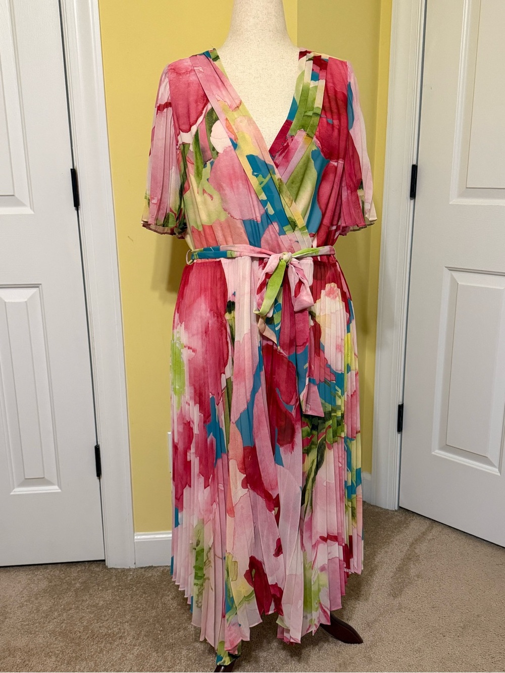 Pink Floral Pleated Wrap Midi Dress